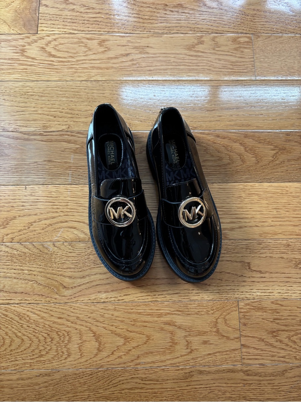 Michael Kors Black Patent Loafers with Gold MK Medallion